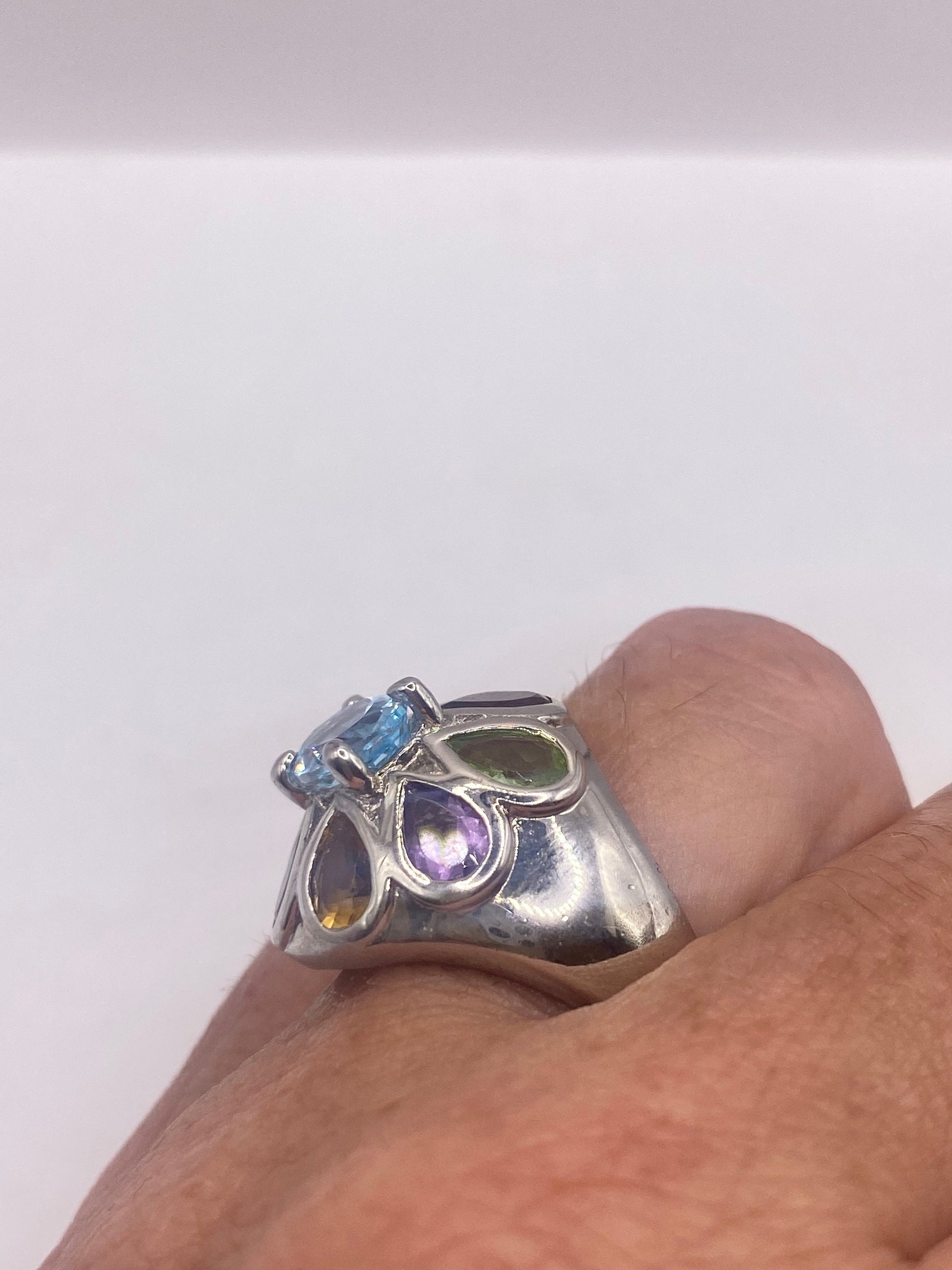 Vintage Mixed Genuine Gemstones 925 Sterling Silver Heart Cocktail Ring