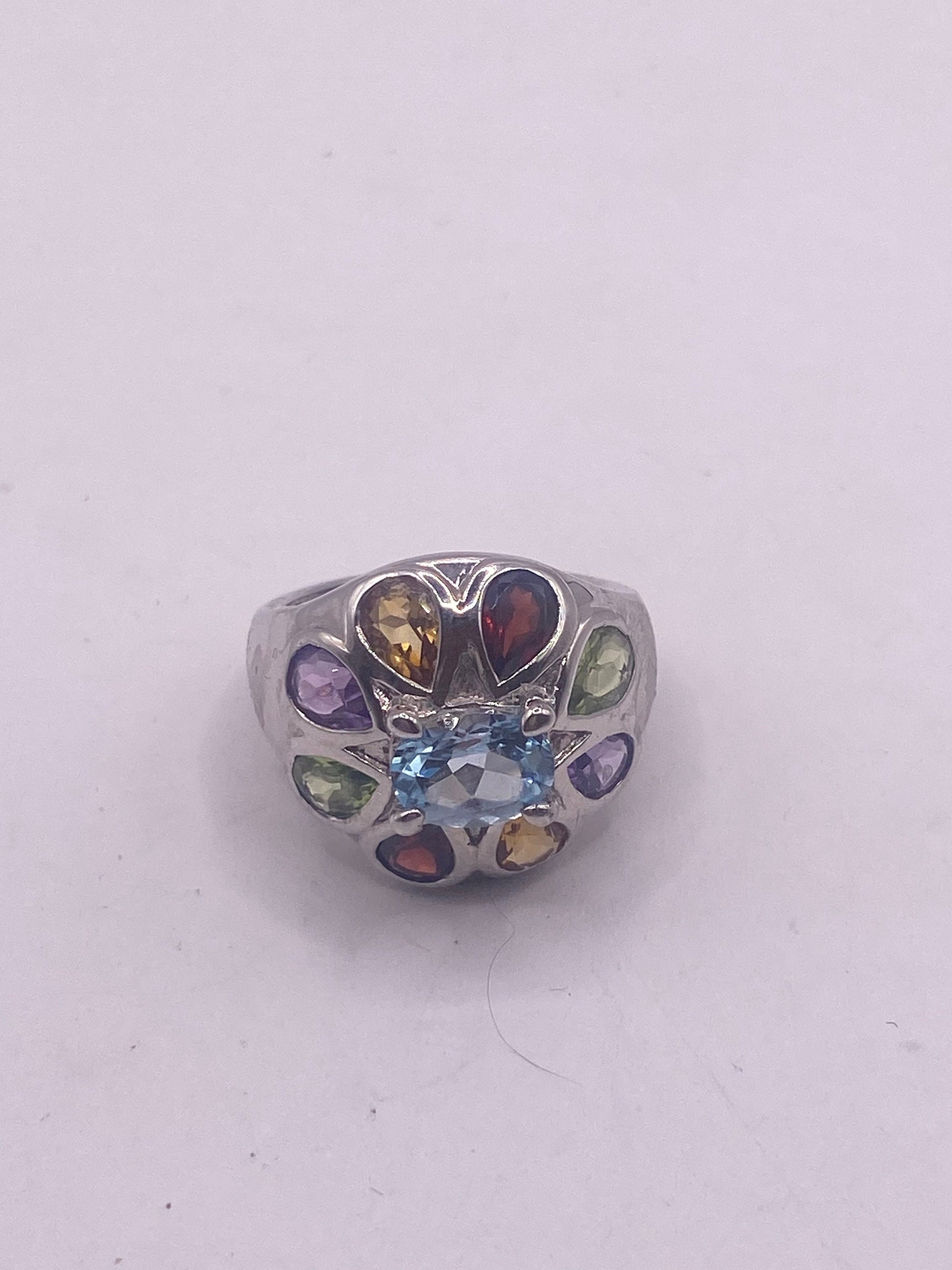 Vintage Mixed Genuine Gemstones 925 Sterling Silver Heart Cocktail Ring