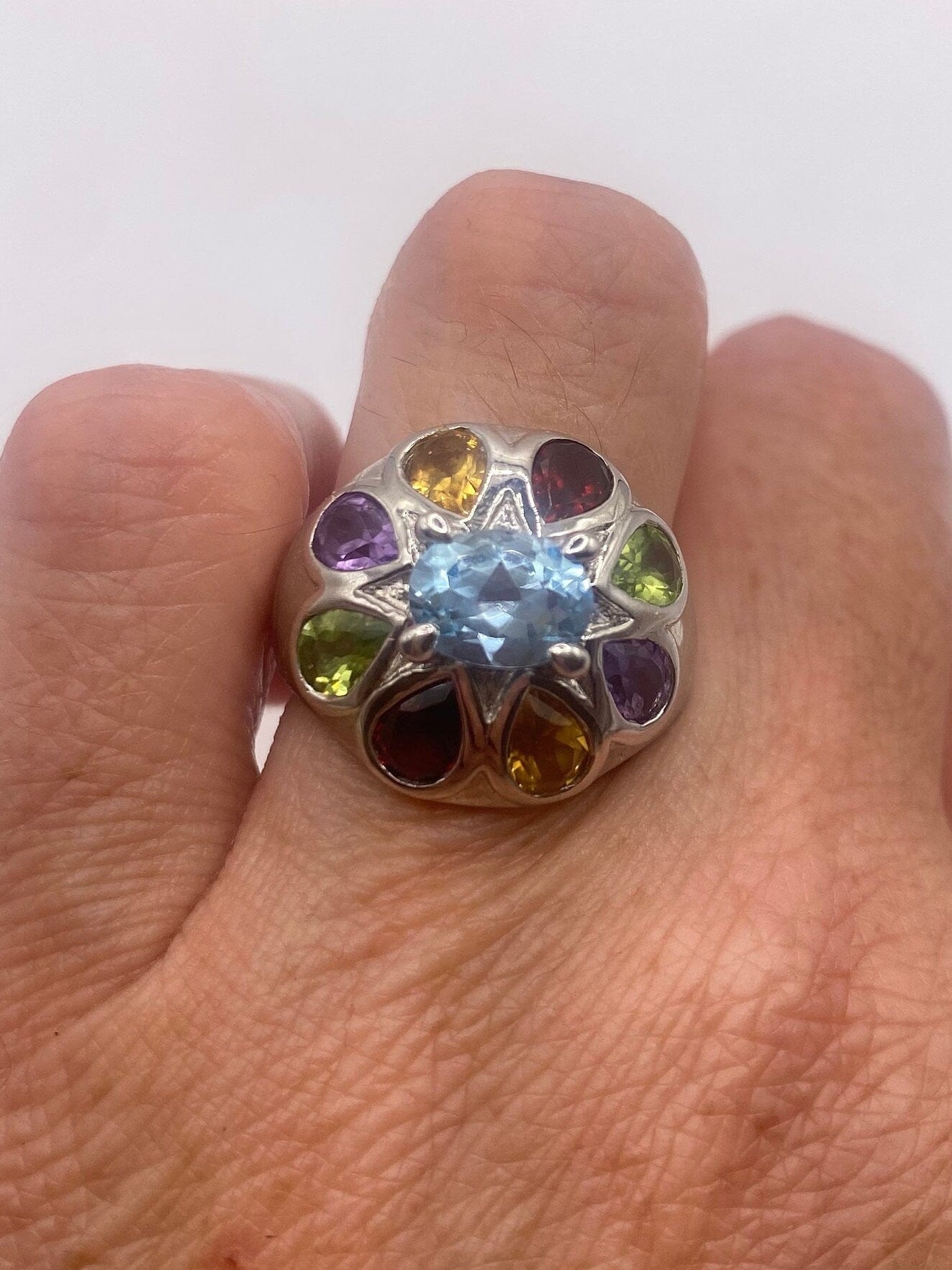 Vintage Mixed Genuine Gemstones 925 Sterling Silver Heart Cocktail Ring