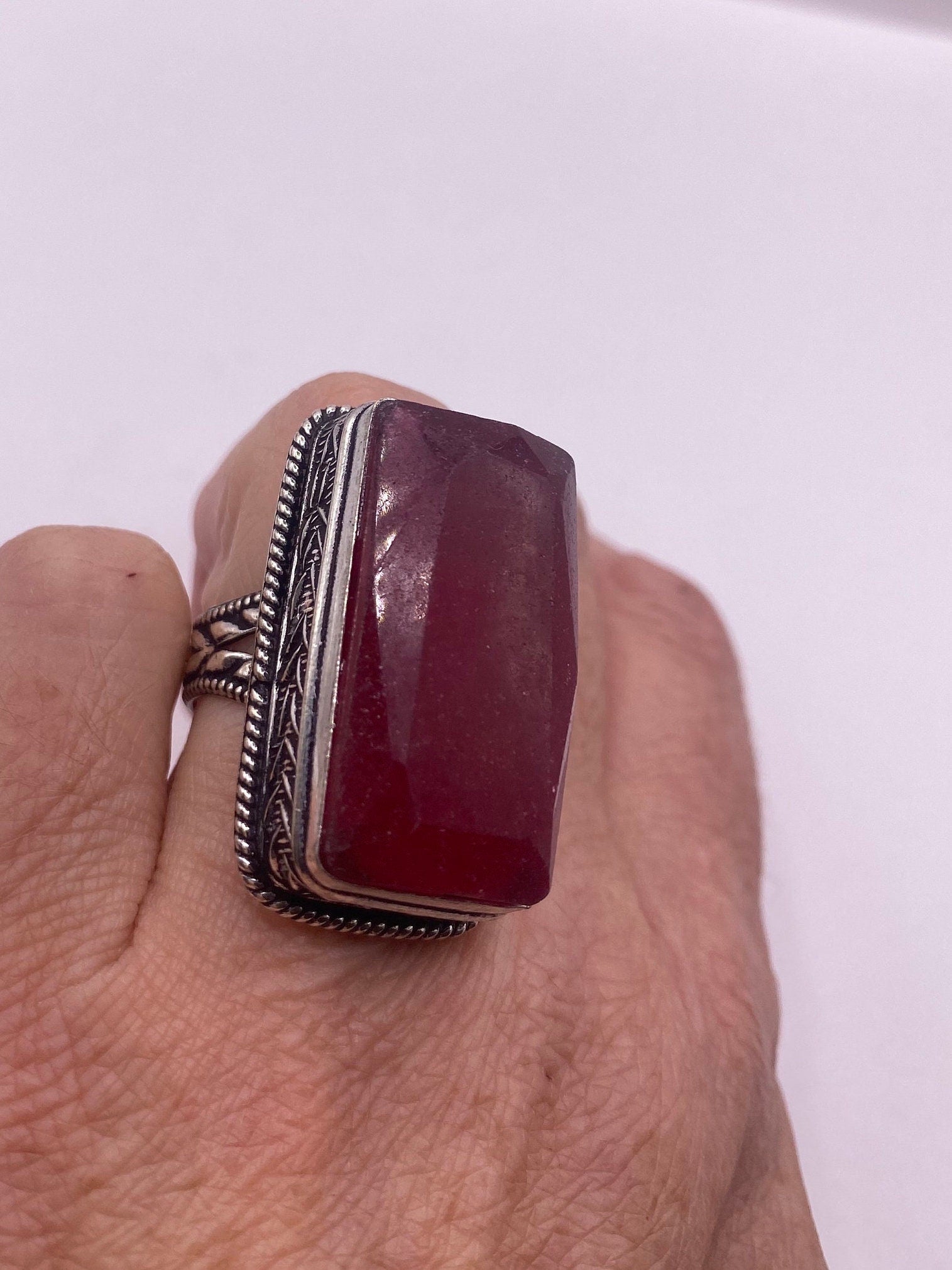 Vintage Raw Pink Ruby Deco Silver Cocktail Ring