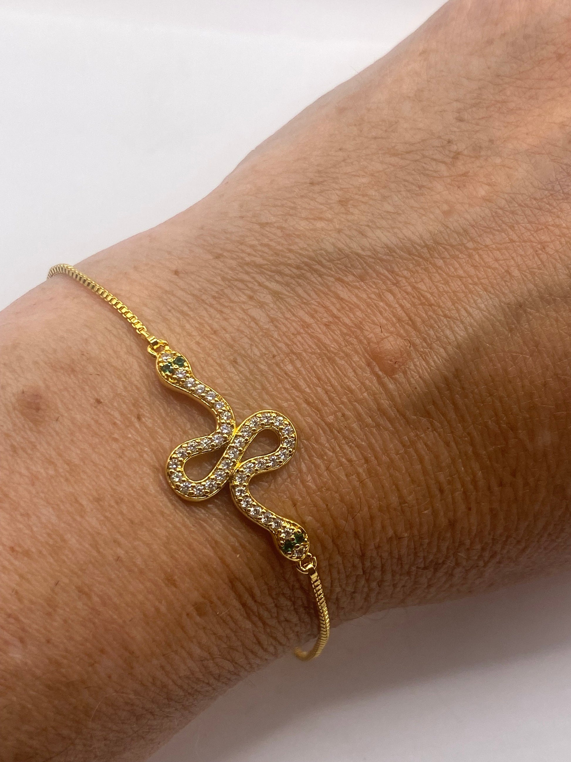 Vintage Snake Chain Bracelet Gold filled Crystal Eyes