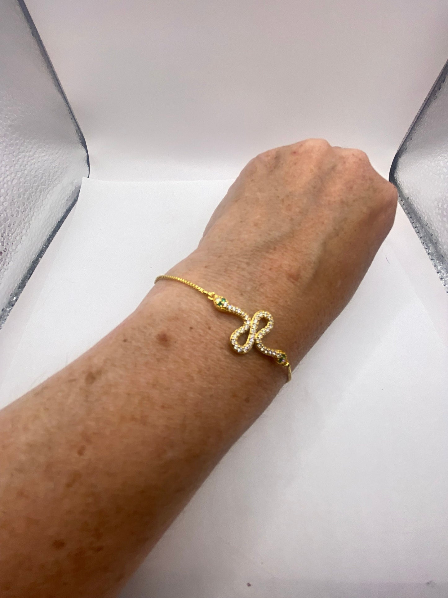 Vintage Snake Chain Bracelet Gold filled Crystal Eyes