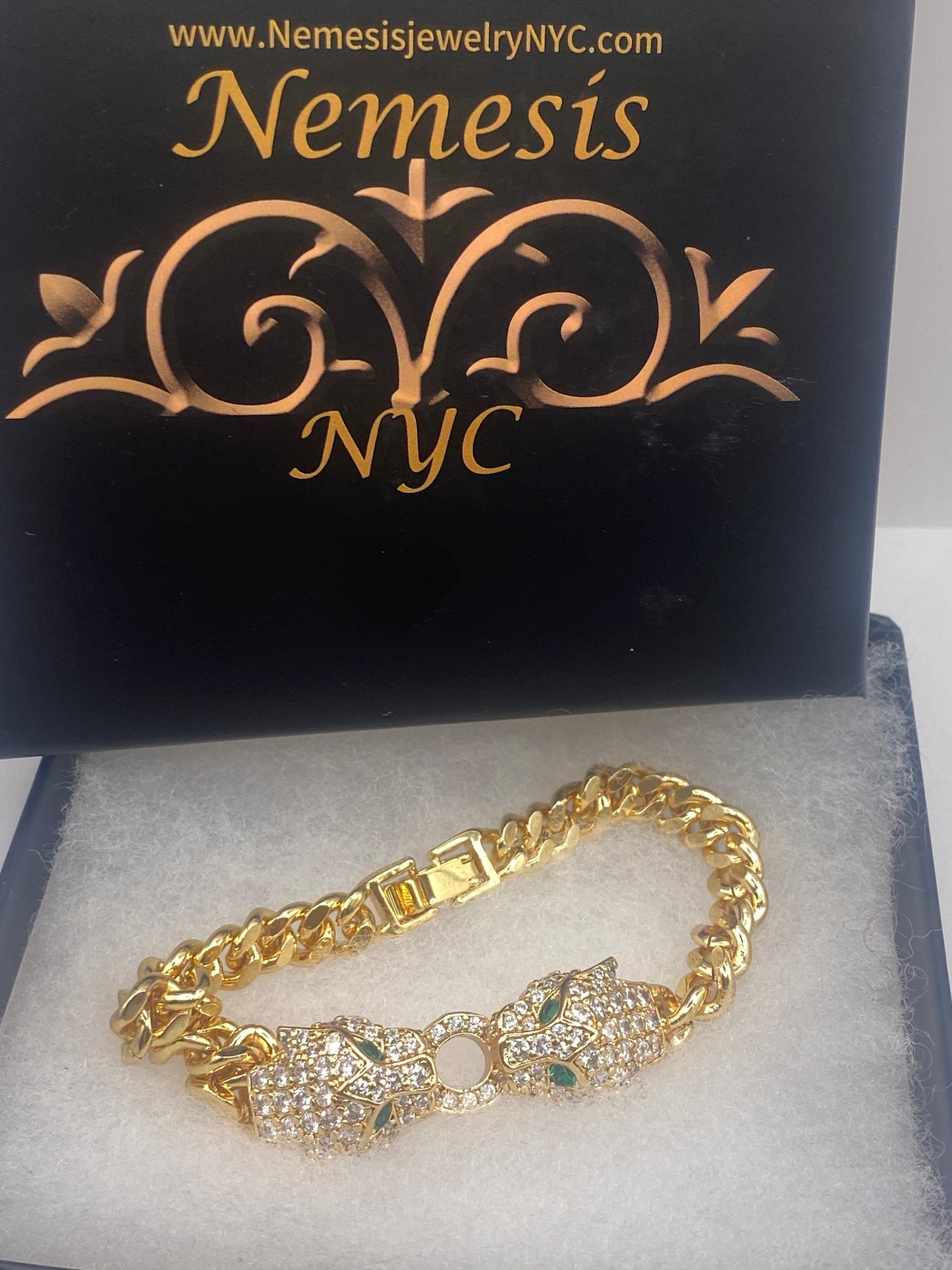 Vintage Cougar Cat Bangle Bracelet Gold filled Green Crystal Eyes