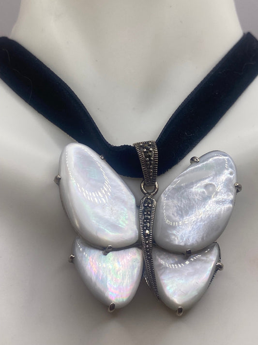 Vintage Deco Marcasite 925 Sterling Silver Mother of Pearl Deco Butterfly Pendant Necklace