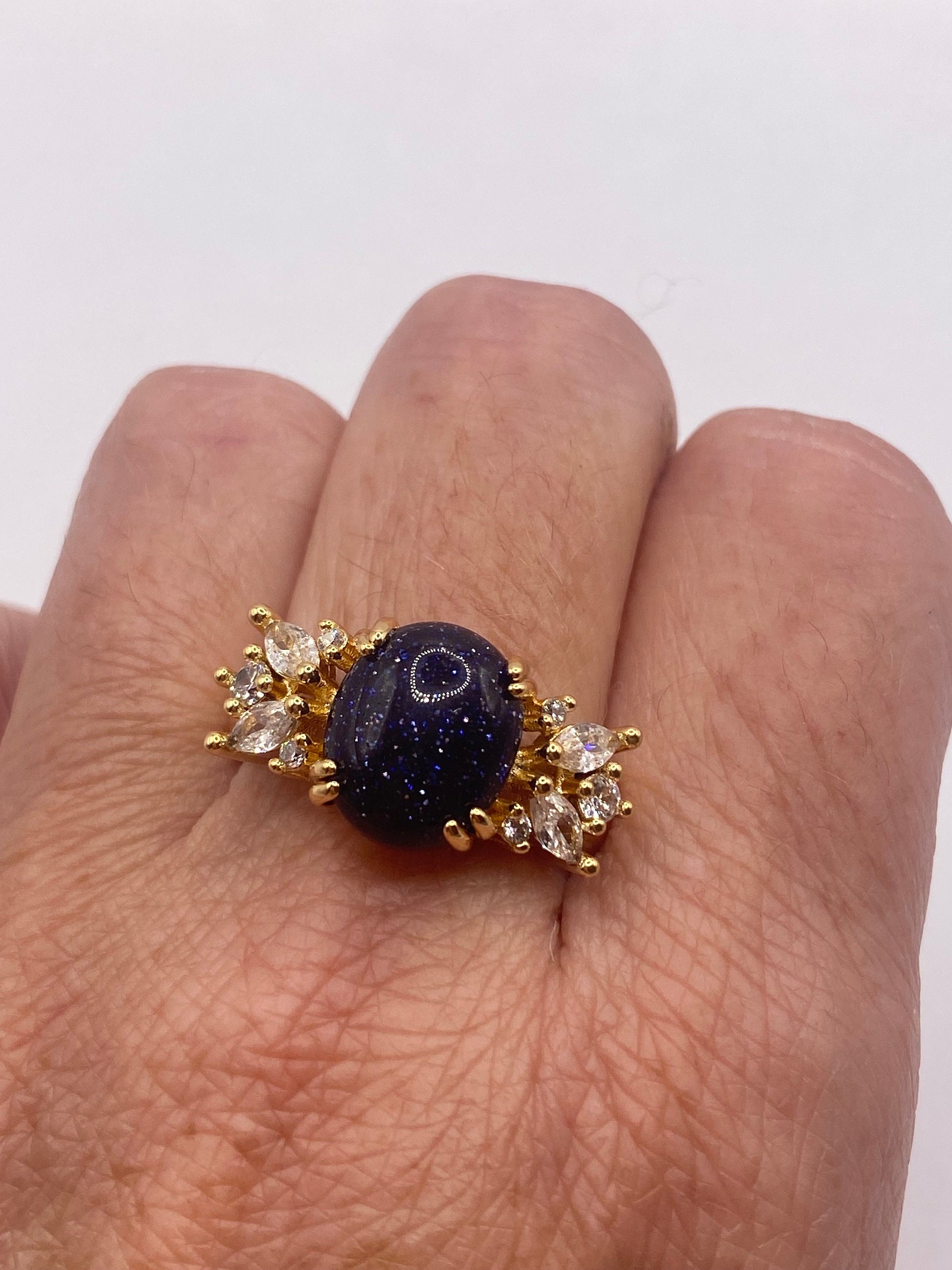 Vintage Black Goldstone Gold Sandstone Cocktail Ring