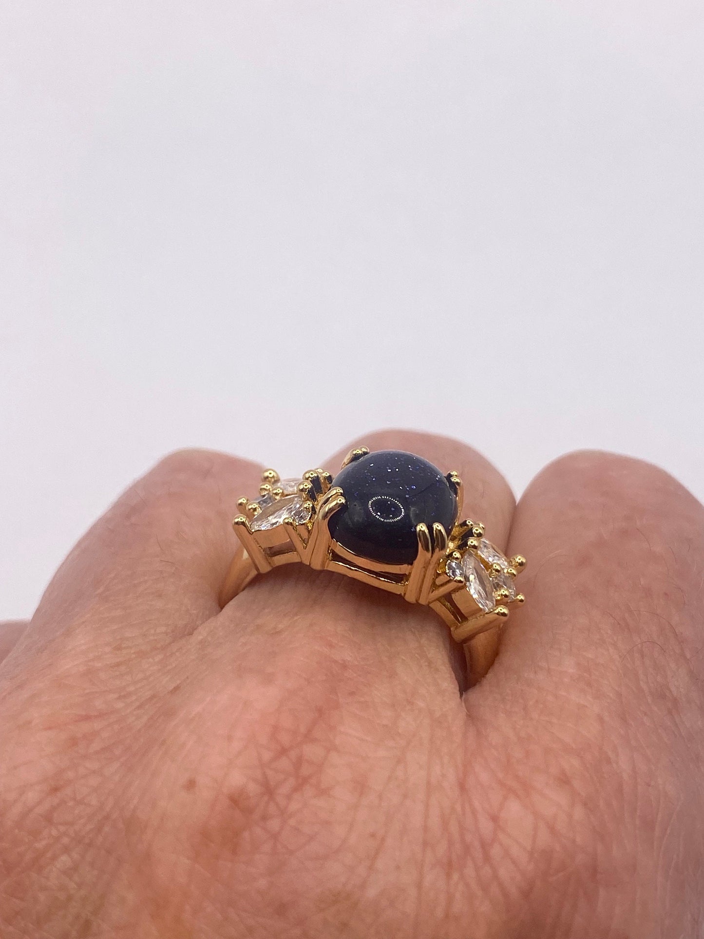 Vintage Black Goldstone Gold Sandstone Cocktail Ring