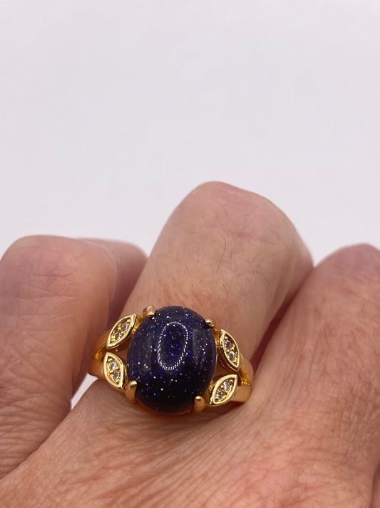 Vintage Black Goldstone Gold Sandstone Cocktail Ring