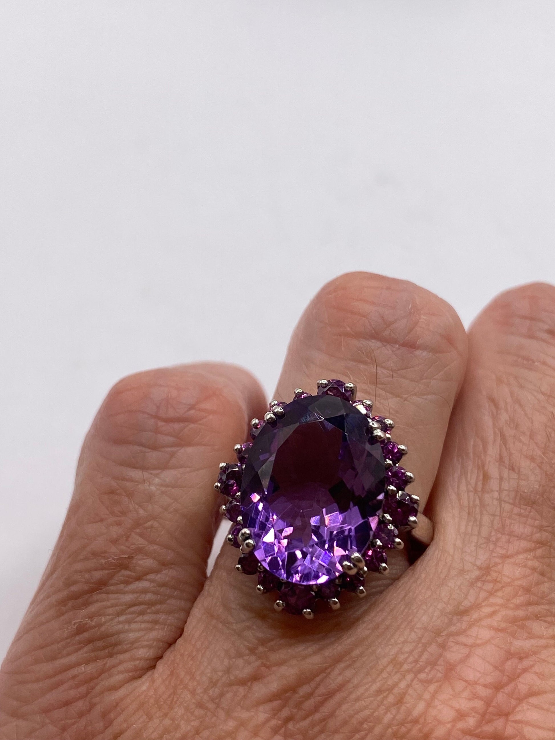 Vintage Purple Amethyst Pink Tourmaline Cocktail Ring 925 Sterling Silver