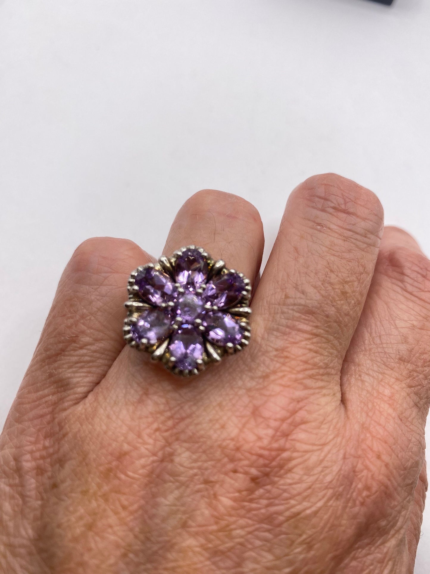 Vintage Purple Amethyst Flower Cocktail Ring 925 Sterling Silver
