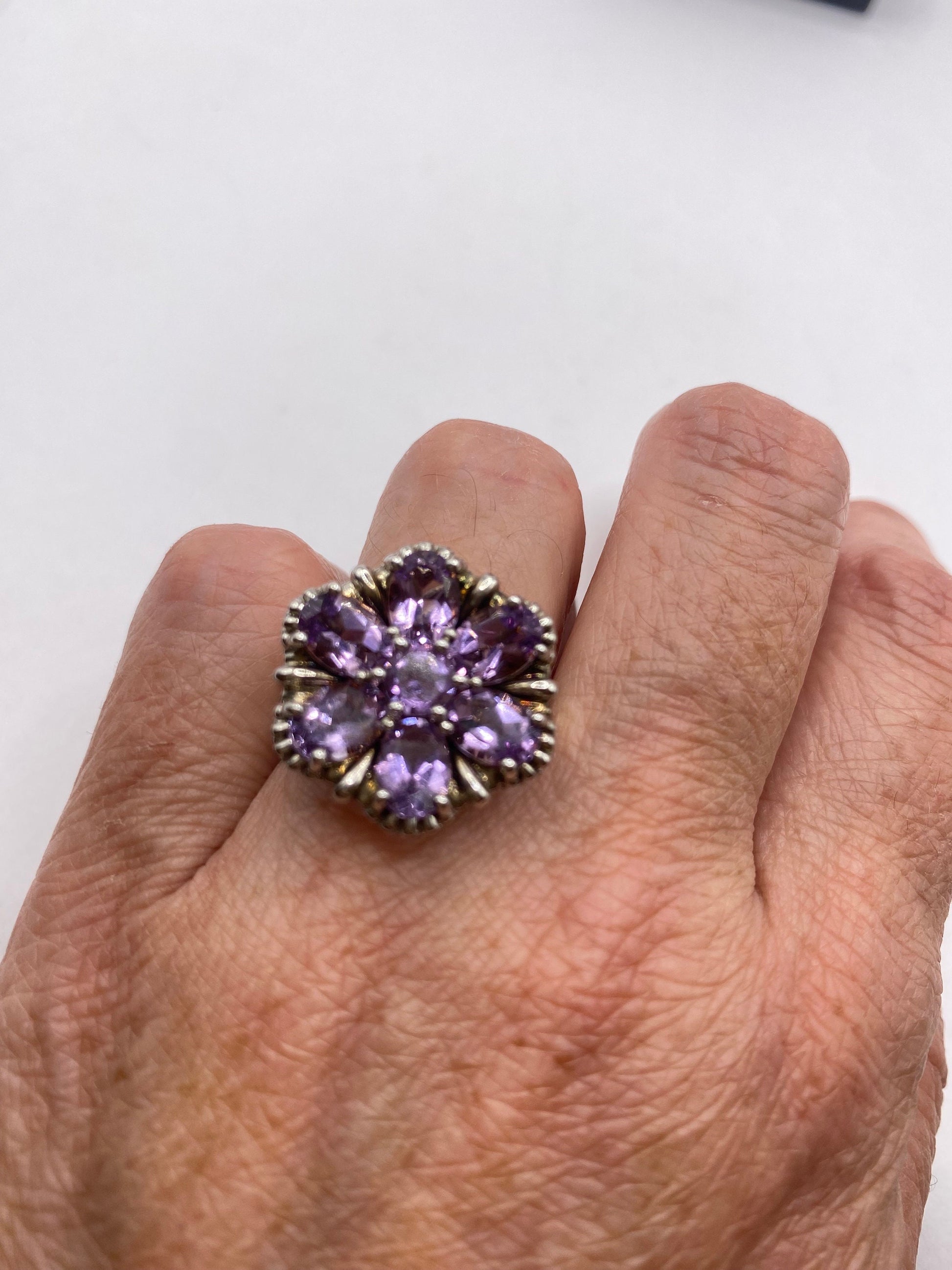 Vintage Purple Amethyst Flower Cocktail Ring 925 Sterling Silver