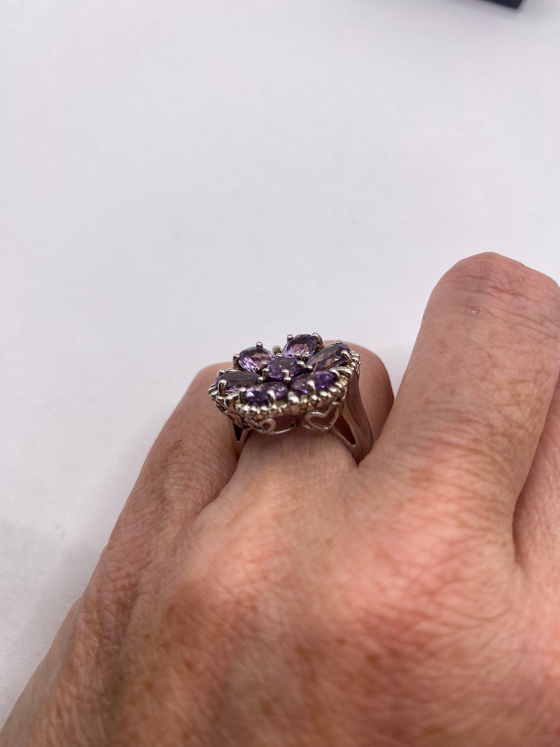 Vintage Purple Amethyst Flower Cocktail Ring 925 Sterling Silver
