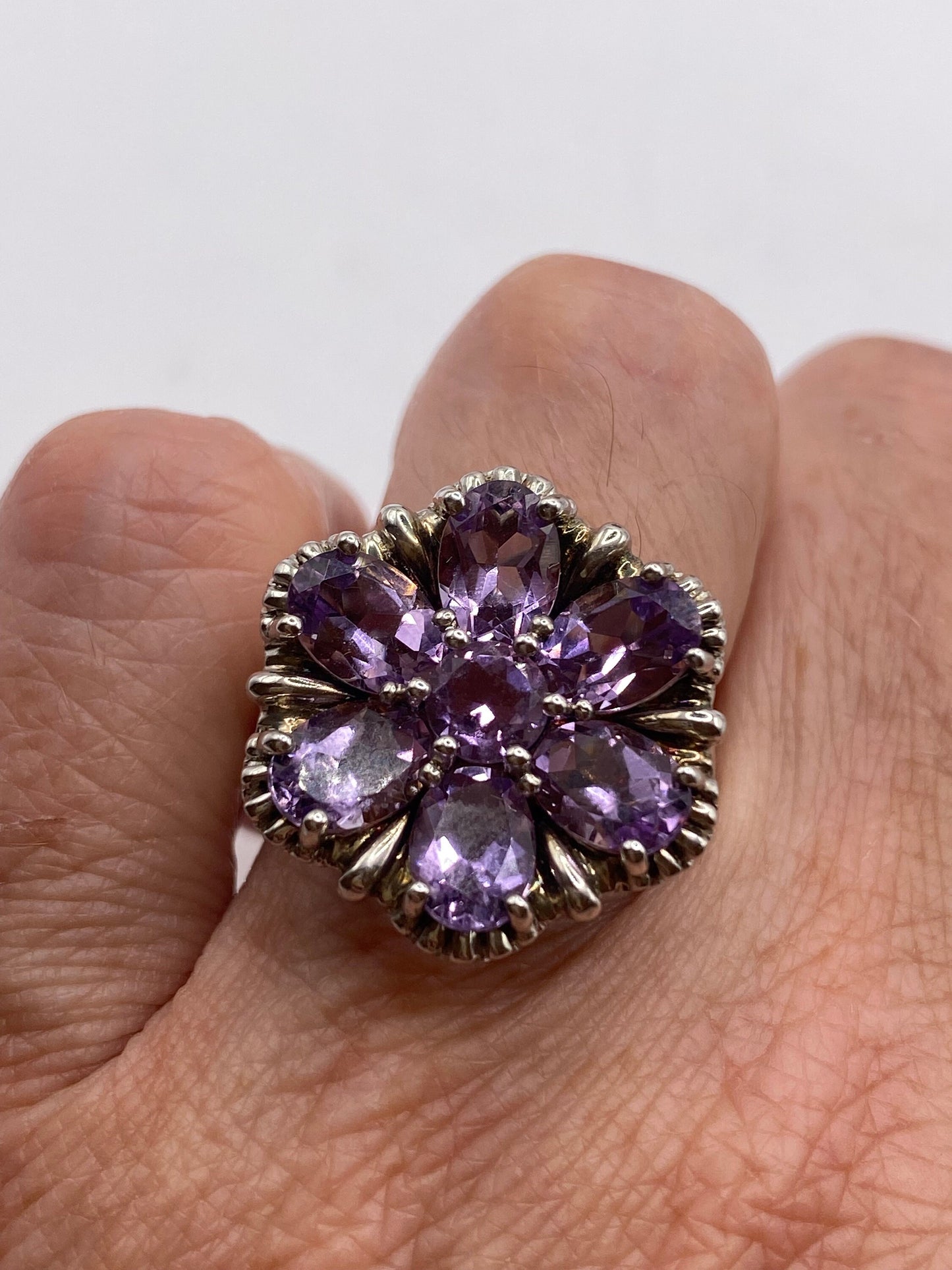 Vintage Purple Amethyst Flower Cocktail Ring 925 Sterling Silver