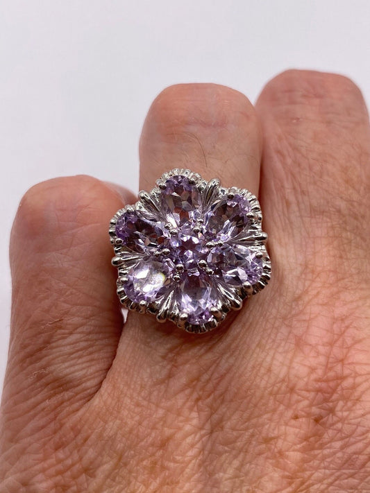 Vintage Purple Amethyst Flower Cocktail Ring 925 Sterling Silver