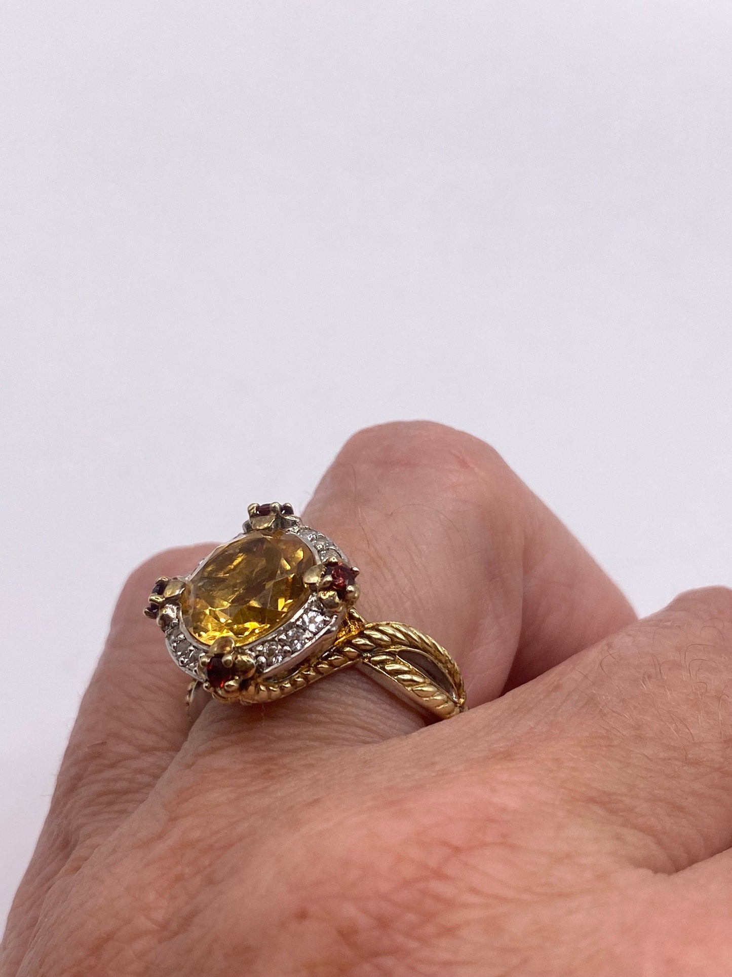 Vintage Golden Citrine Red Garnet and White Sapphire 925 Sterling Silver Ring