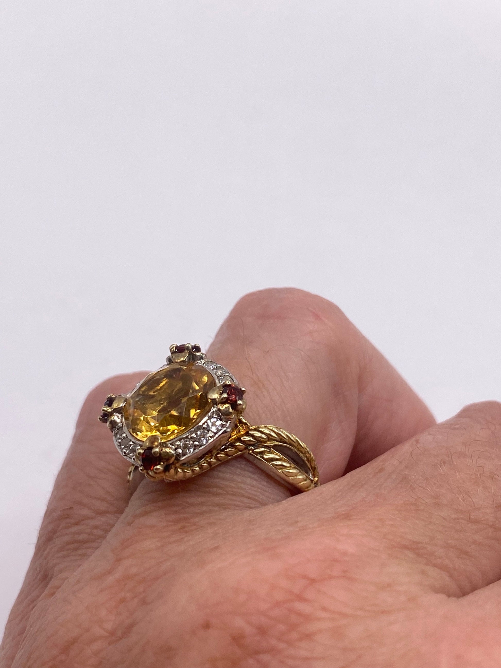Vintage Golden Citrine Red Garnet and White Sapphire 925 Sterling Silver Ring