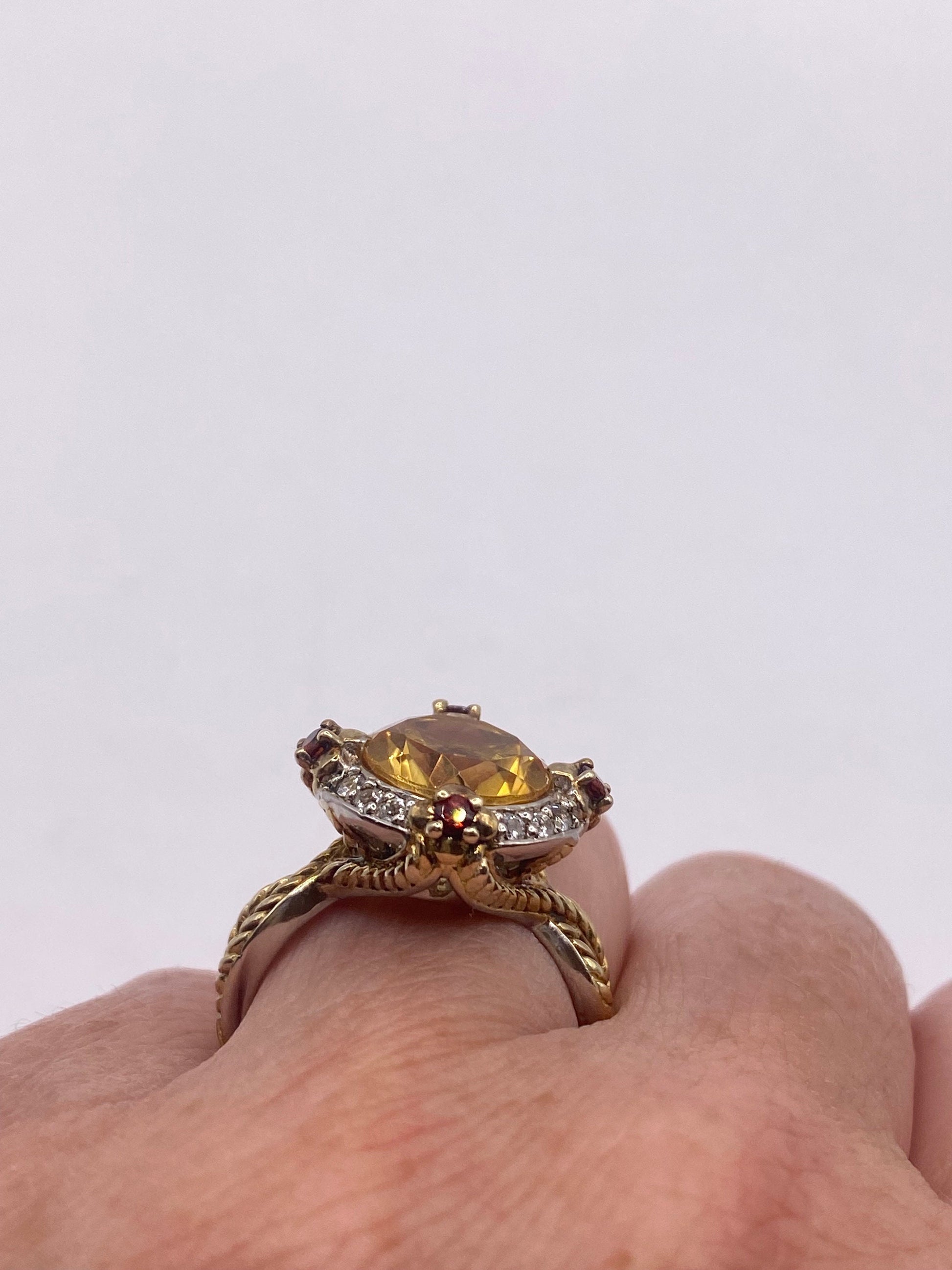 Vintage Golden Citrine Red Garnet and White Sapphire 925 Sterling Silver Ring