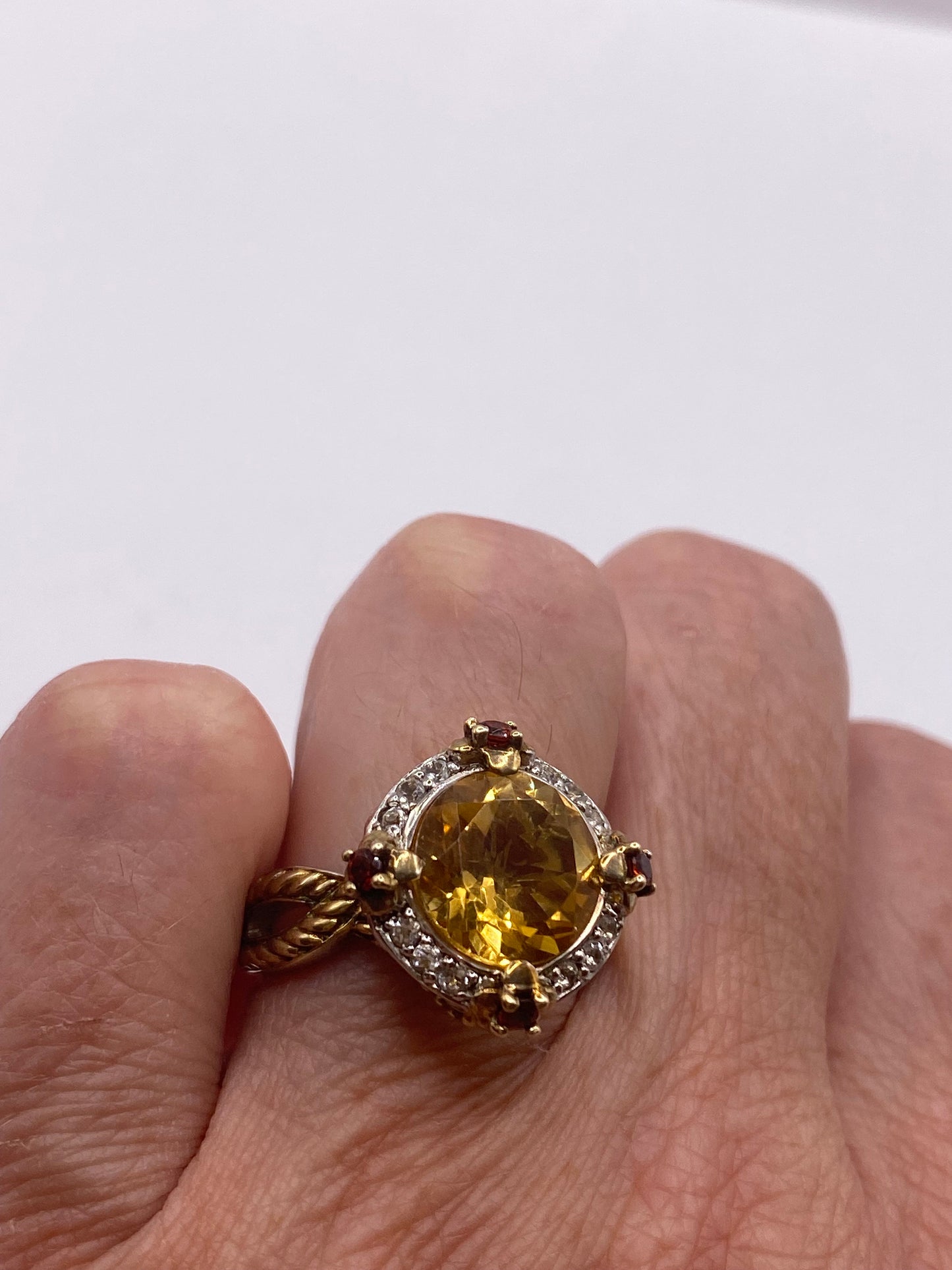 Vintage Golden Citrine Red Garnet and White Sapphire 925 Sterling Silver Ring