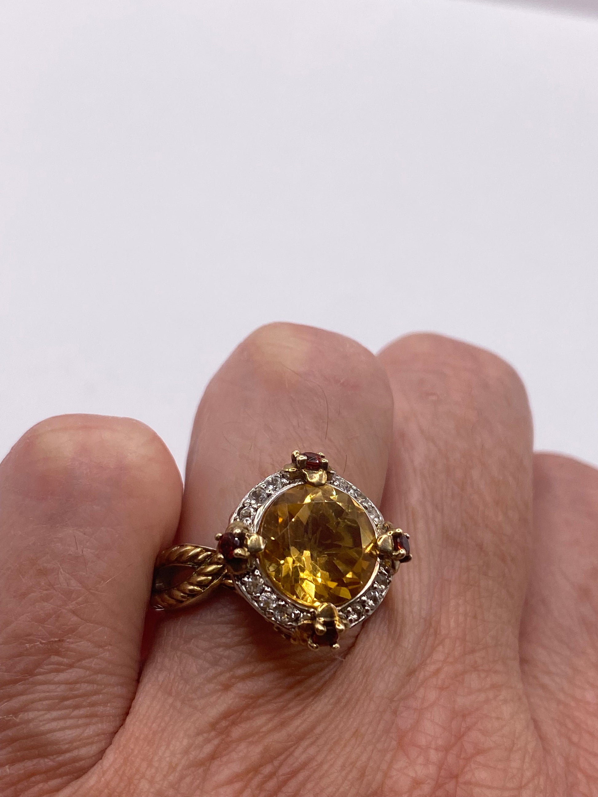 Vintage Golden Citrine Red Garnet and White Sapphire 925 Sterling Silver Ring