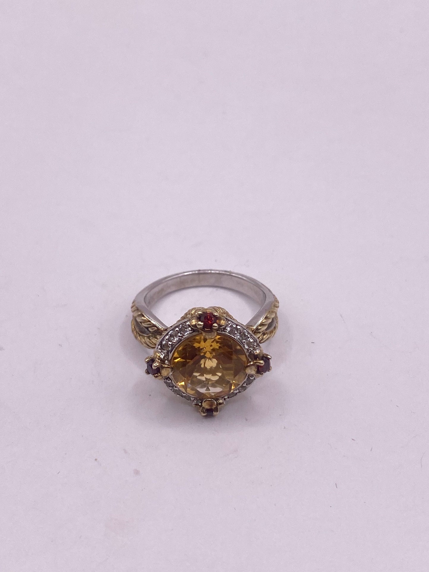 Vintage Golden Citrine Red Garnet and White Sapphire 925 Sterling Silver Ring