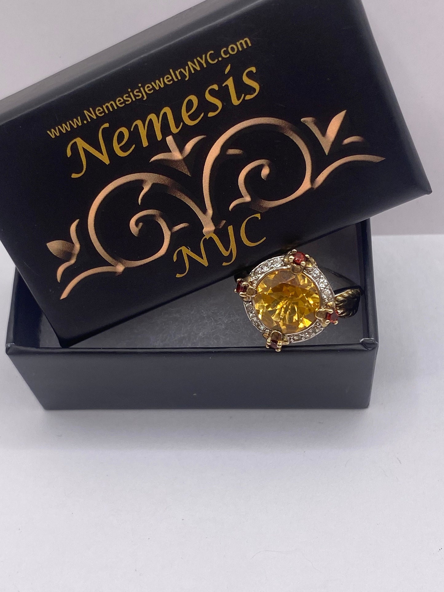 Vintage Golden Citrine Red Garnet and White Sapphire 925 Sterling Silver Ring