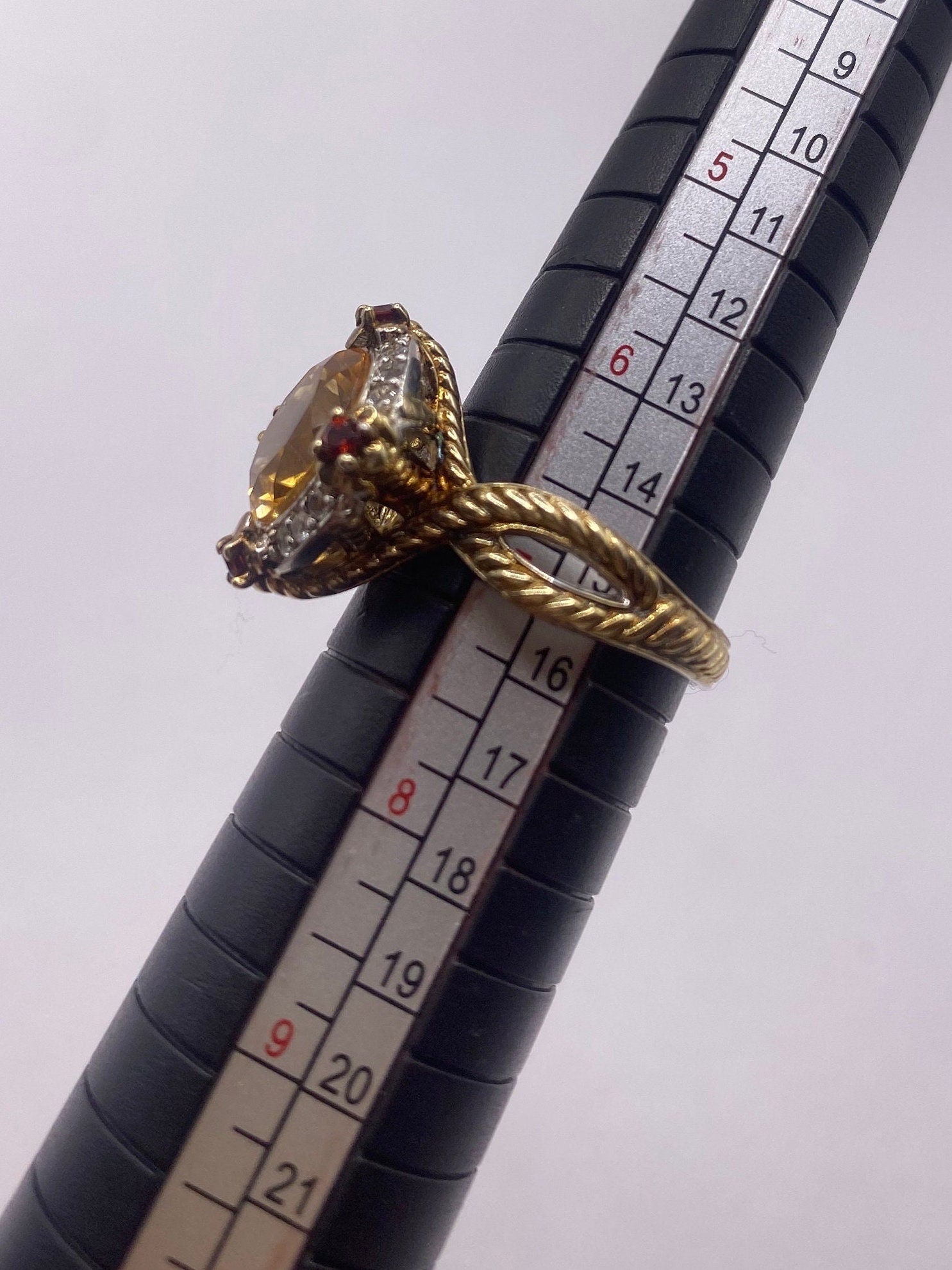 Vintage Golden Citrine Red Garnet and White Sapphire 925 Sterling Silver Ring