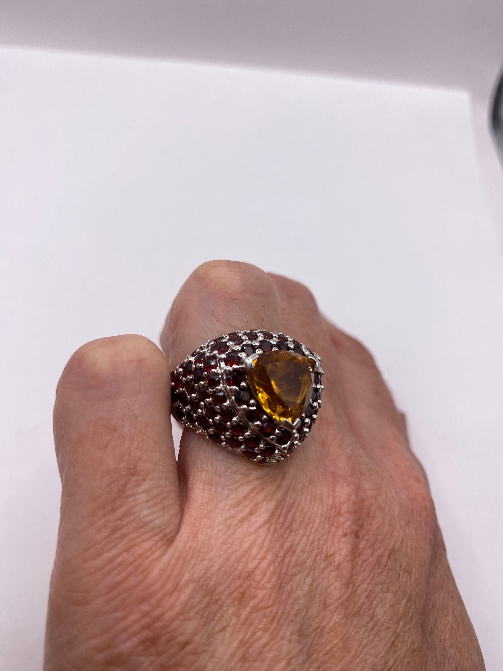 Vintage Citrine and Red Garnet 925 Sterling Silver Cocktail Ring