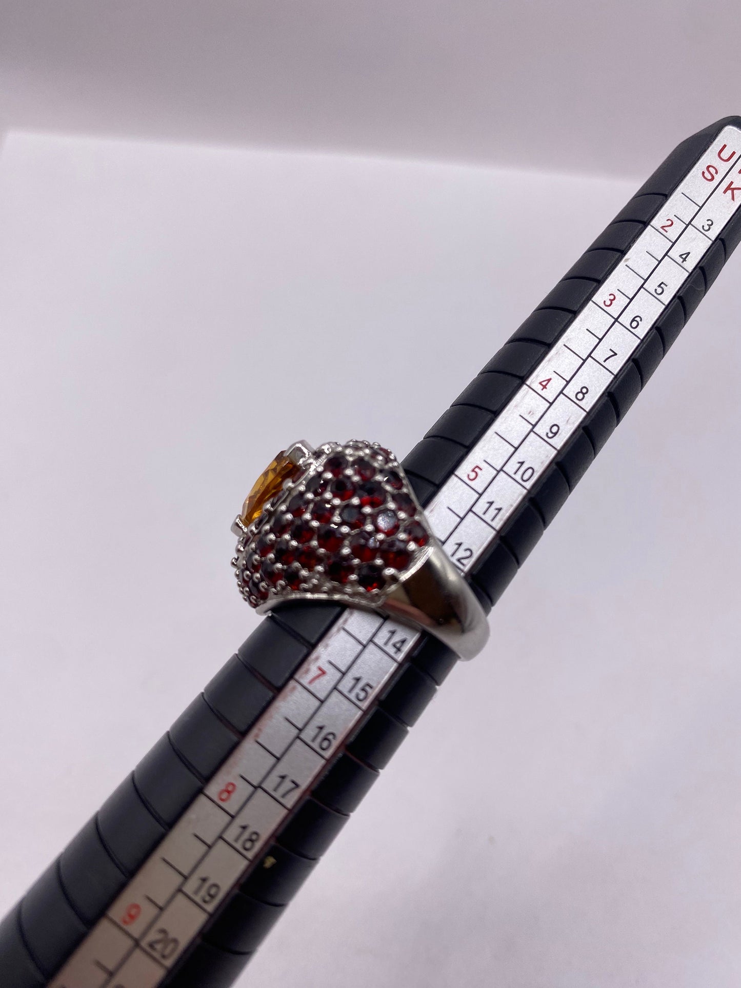 Vintage Citrine and Red Garnet 925 Sterling Silver Cocktail Ring