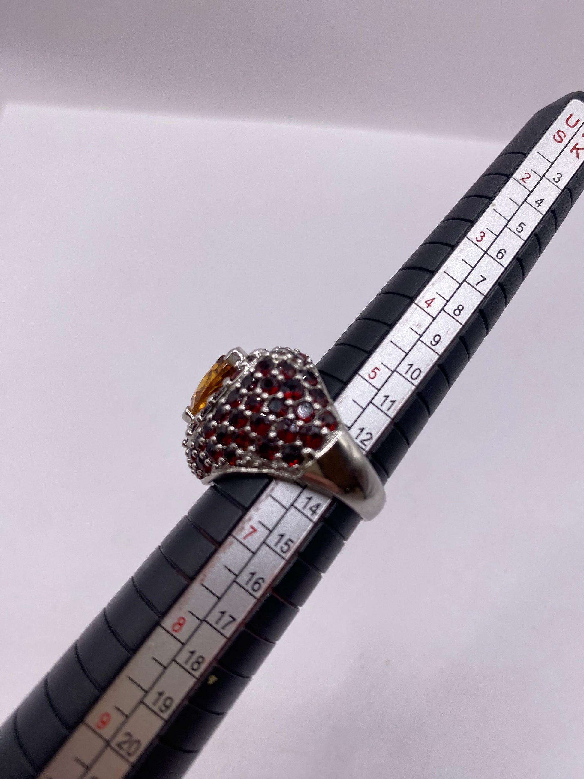 Vintage Citrine and Red Garnet 925 Sterling Silver Cocktail Ring