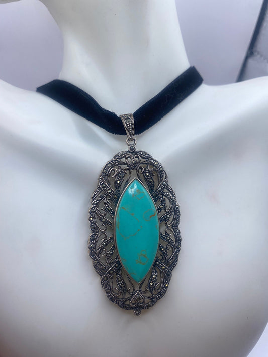 Vintage Marcasite Turquoise Howlite 925 Sterling Silver Velvet Choker Pendant Necklace