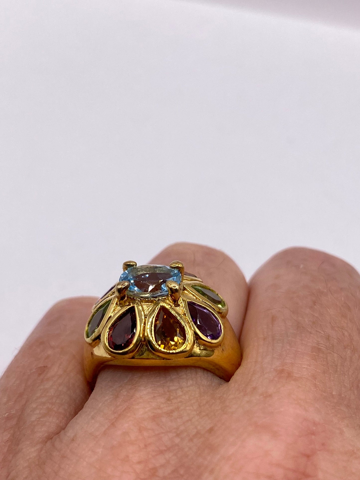 Vintage Mixed Genuine Gemstones Gold 925 Sterling Silver Heart Cocktail Ring