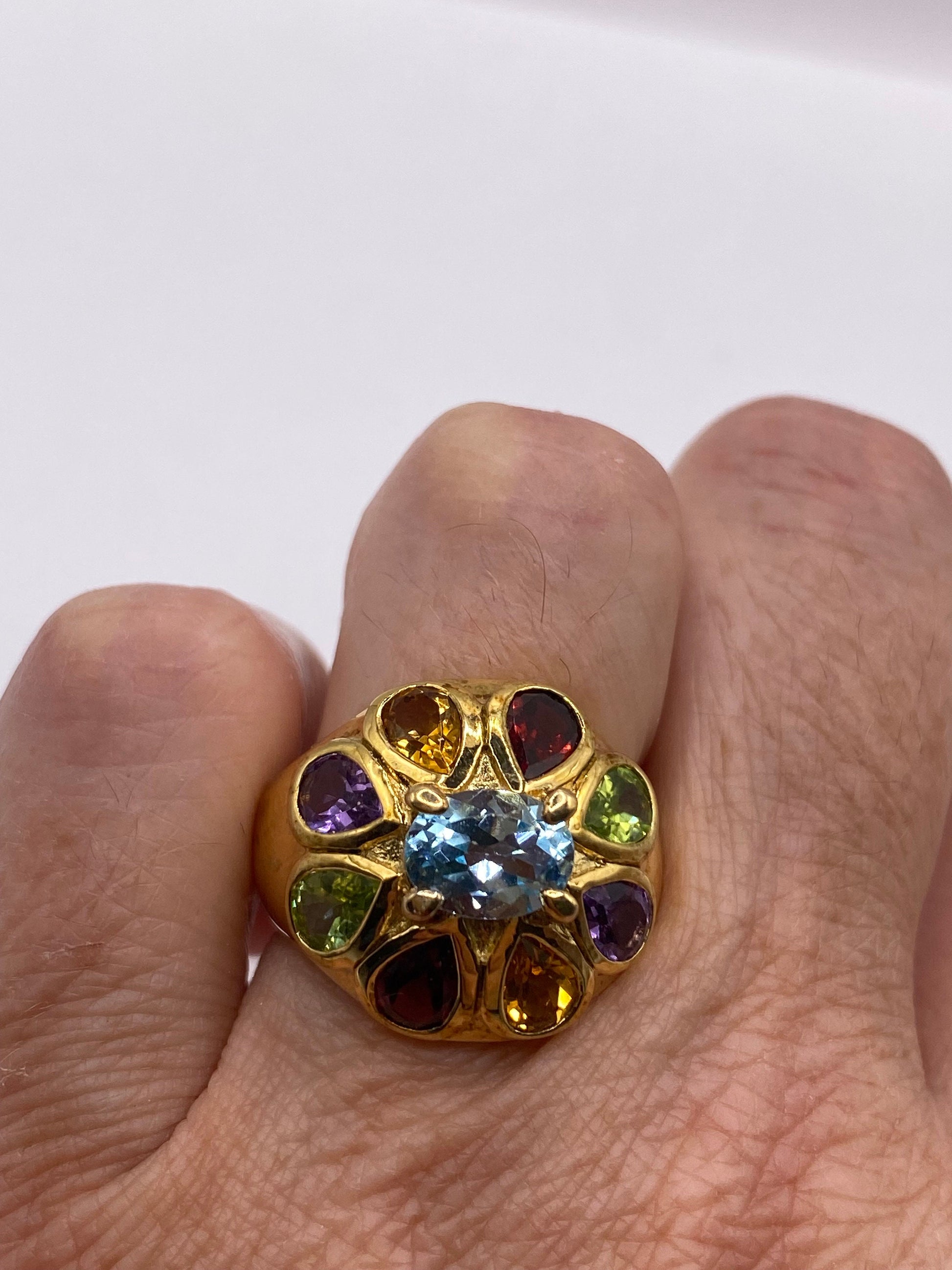 Vintage Mixed Genuine Gemstones Gold 925 Sterling Silver Heart Cocktail Ring