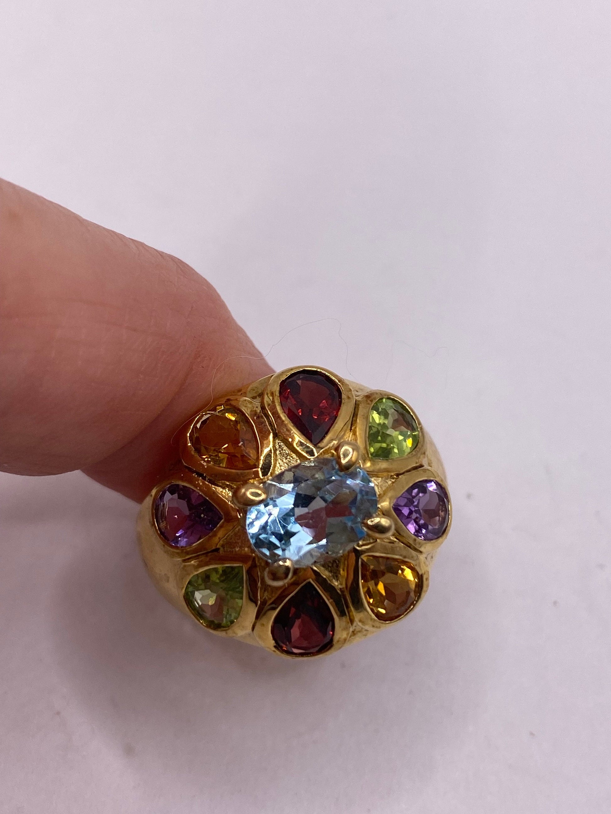 Vintage Mixed Genuine Gemstones Gold 925 Sterling Silver Heart Cocktail Ring