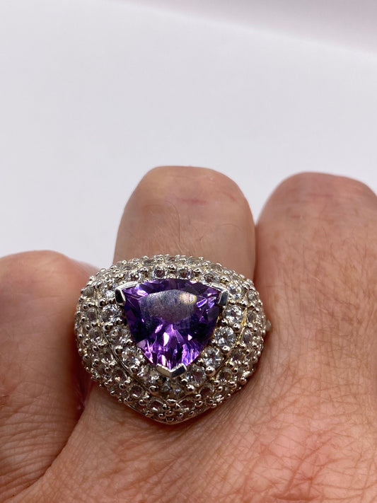Vintage Purple Amethyst Pink Tourmaline Cocktail Ring 925 Sterling Silver