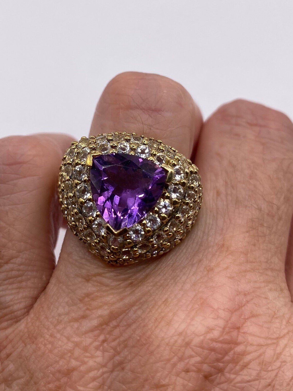 Vintage Purple Amethyst White Sapphire Cocktail Ring Gold 925 Sterling Silver