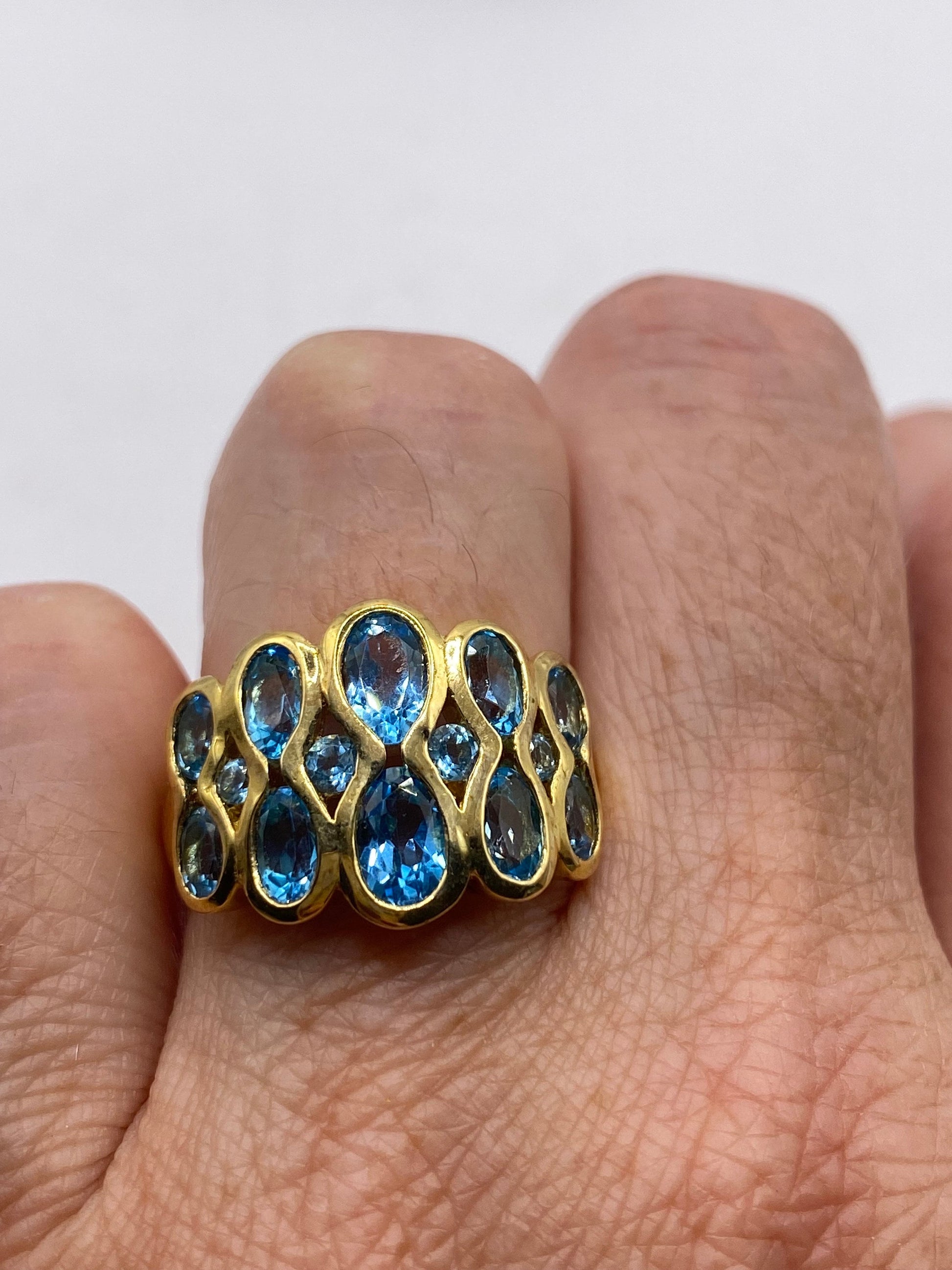 Vintage Genuine Blue Topaz Gold 925 Sterling Silver Ring