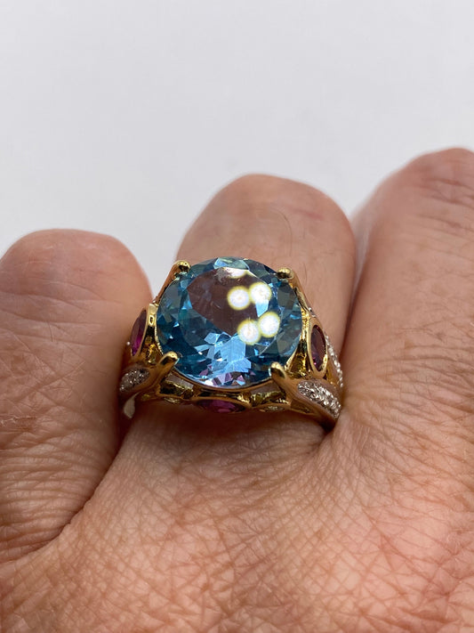 Vintage Genuine Blue Topaz Gold 925 Sterling Silver Ring