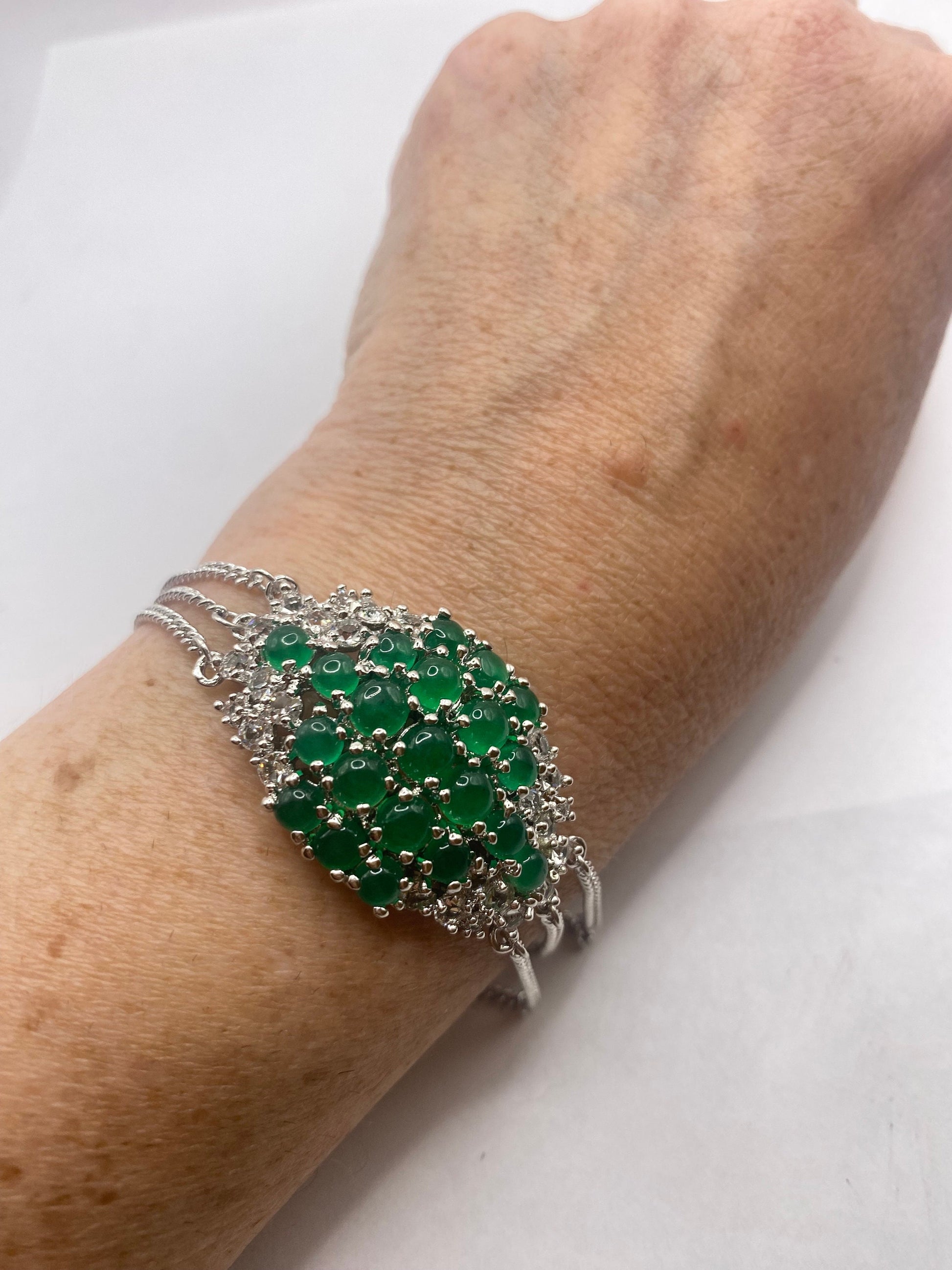 Vintage Green Jade Bracelet Silver White Bronze