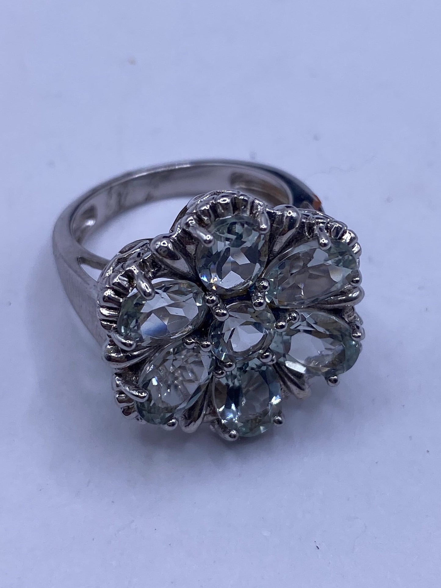 Vintage Blue Aquamarine Flower 925 Sterling Silver wedding Band Ring Size 6.25