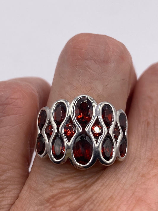 Vintage Red Bohemian Garnet Wedding Band Ring 925 Sterling Silver Cocktail Statement