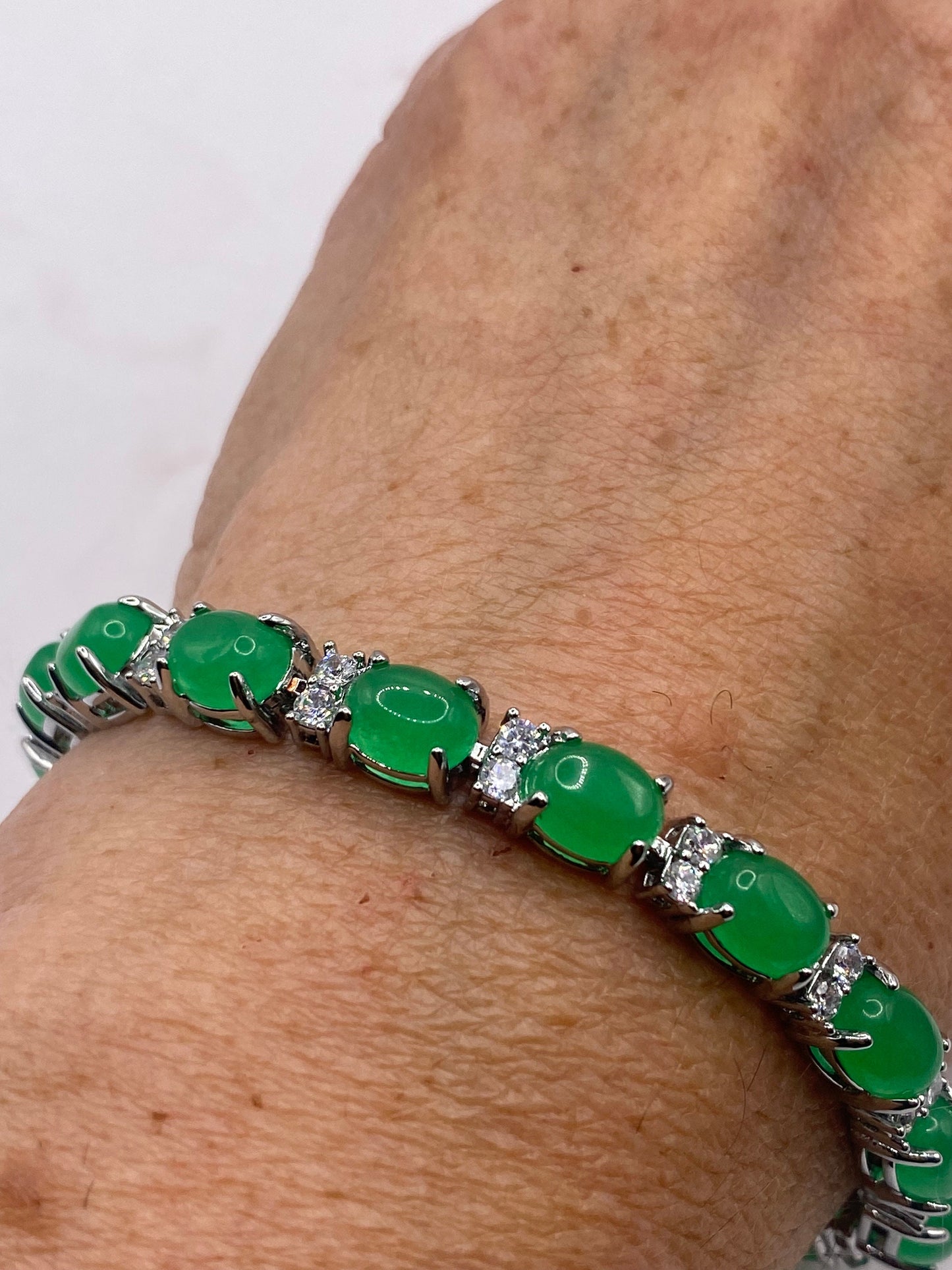 Vintage Green Jade Bracelet Silver White Bronze