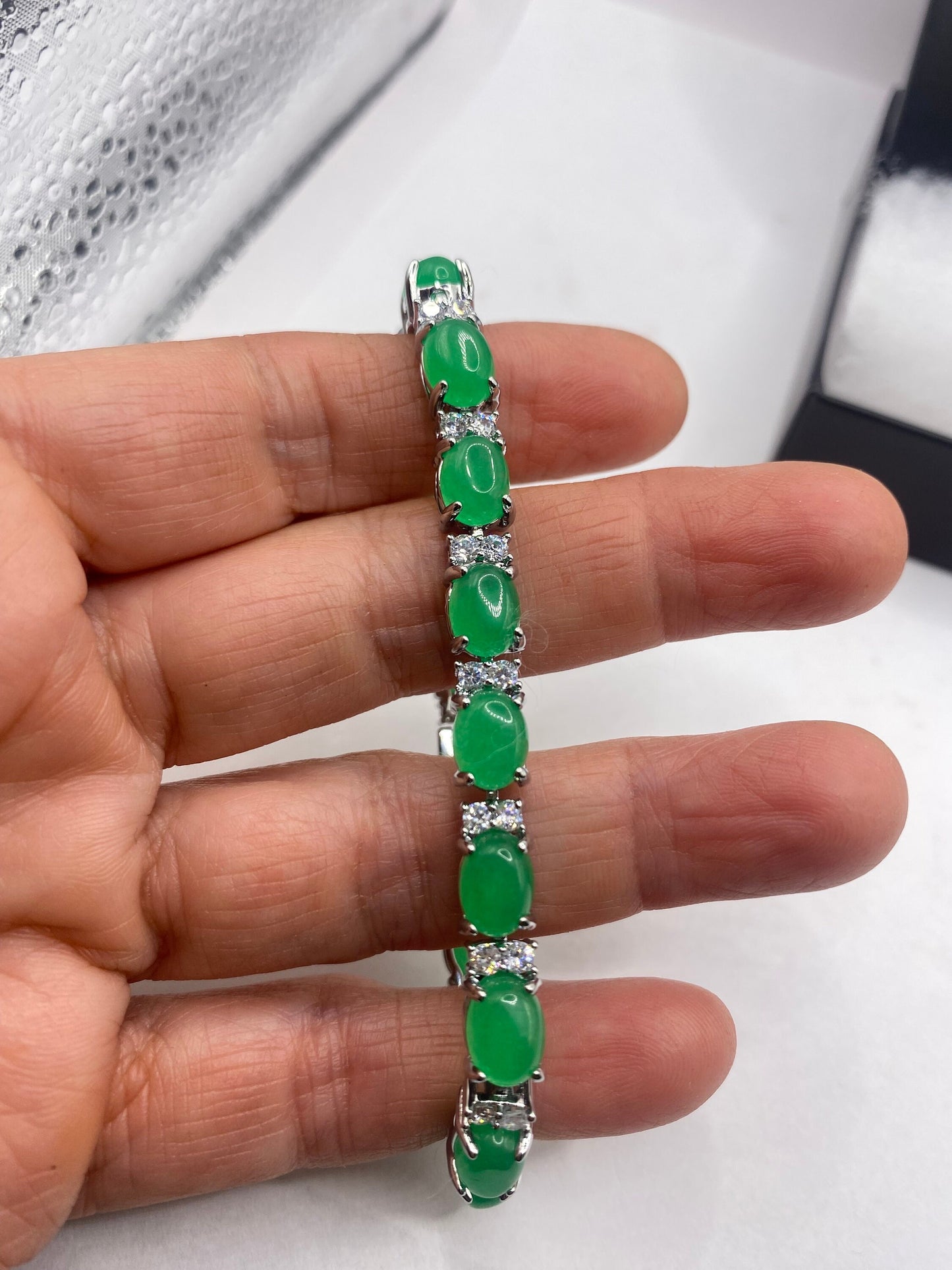 Vintage Green Jade Bracelet Silver White Bronze