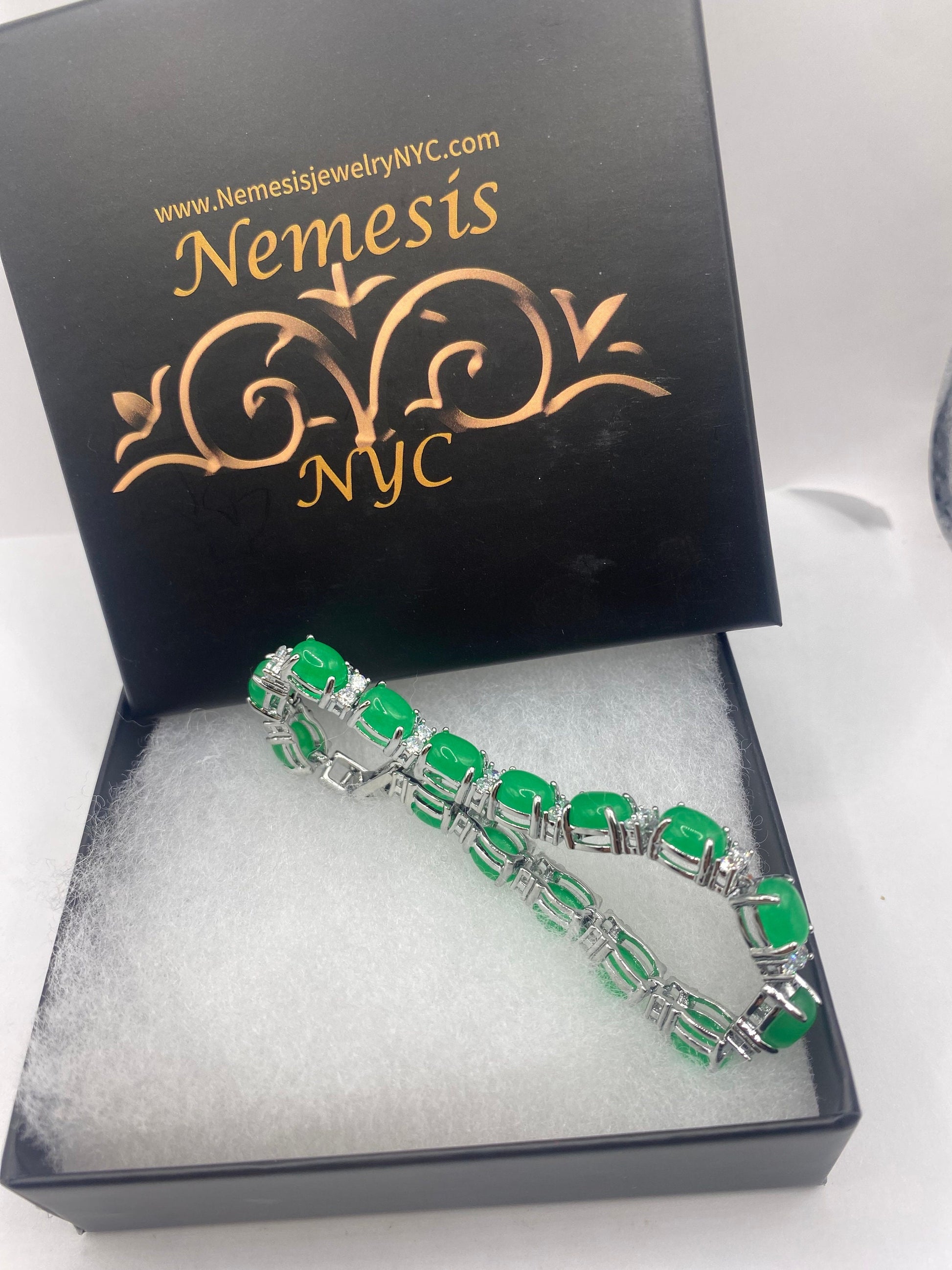 Vintage Green Jade Bracelet Silver White Bronze