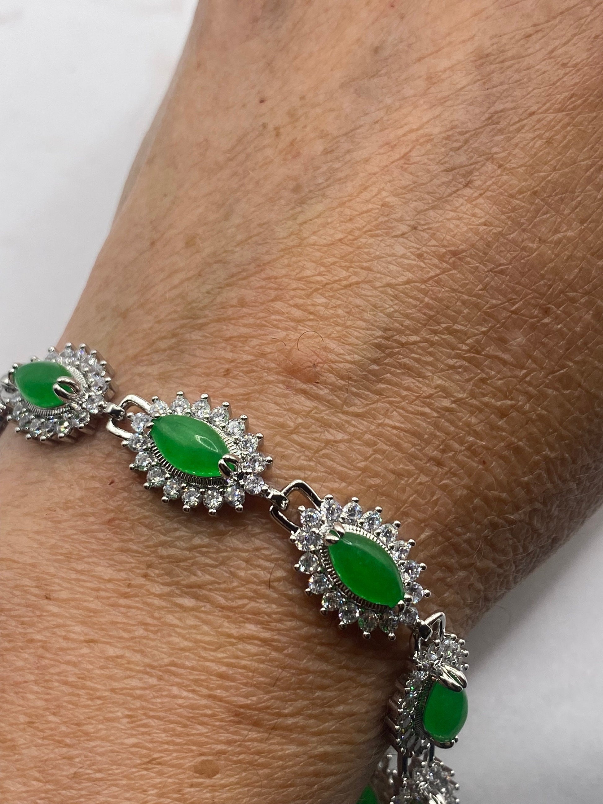 Vintage Green Jade Bracelet Silver White Bronze