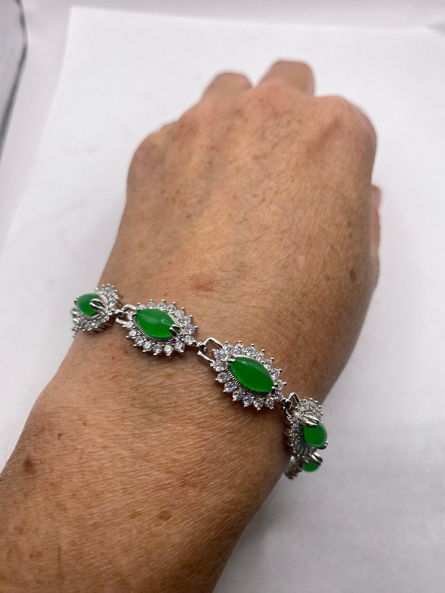 Vintage Green Jade Bracelet Silver White Bronze