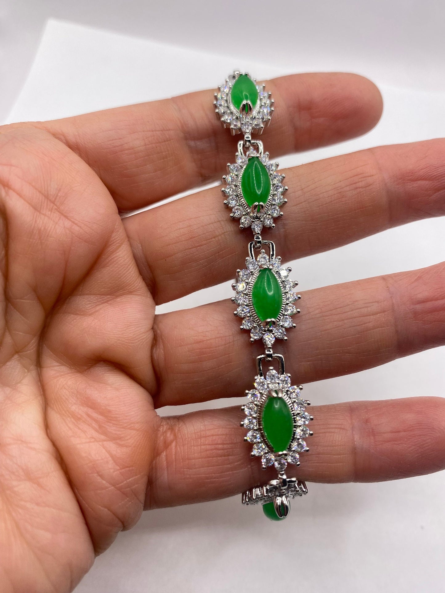 Vintage Green Jade Bracelet Silver White Bronze