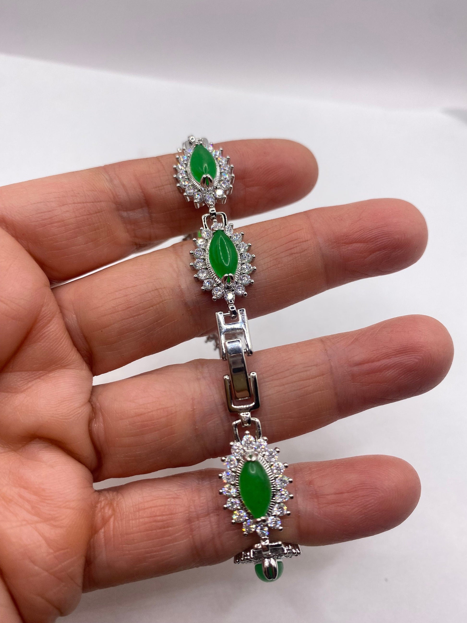 Vintage Green Jade Bracelet Silver White Bronze