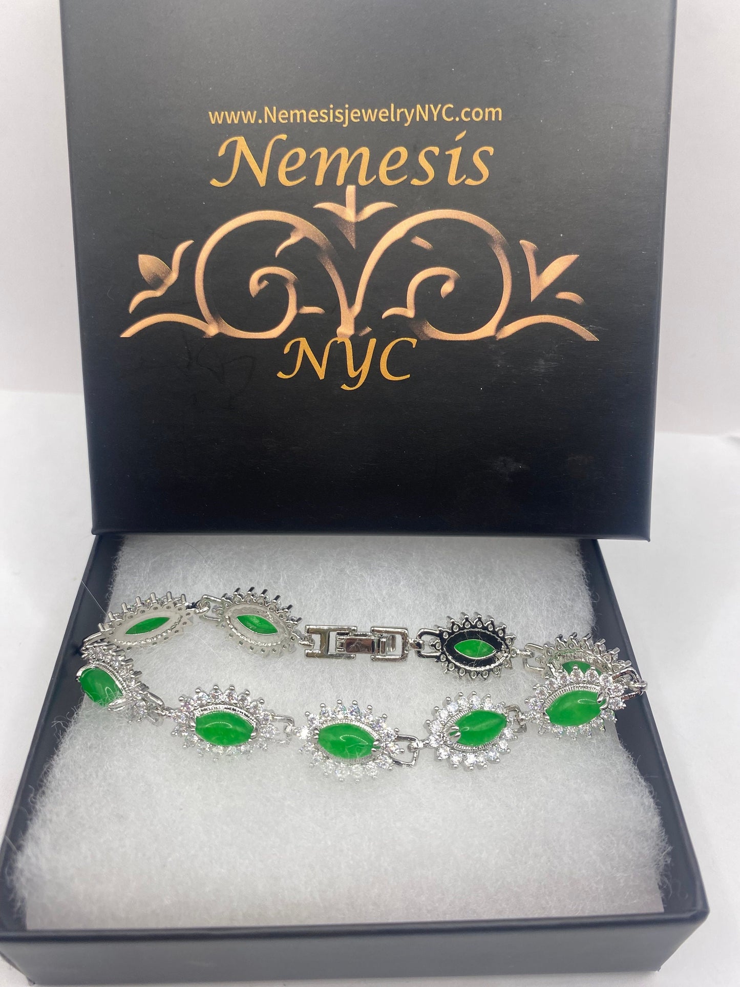 Vintage Green Jade Bracelet Silver White Bronze