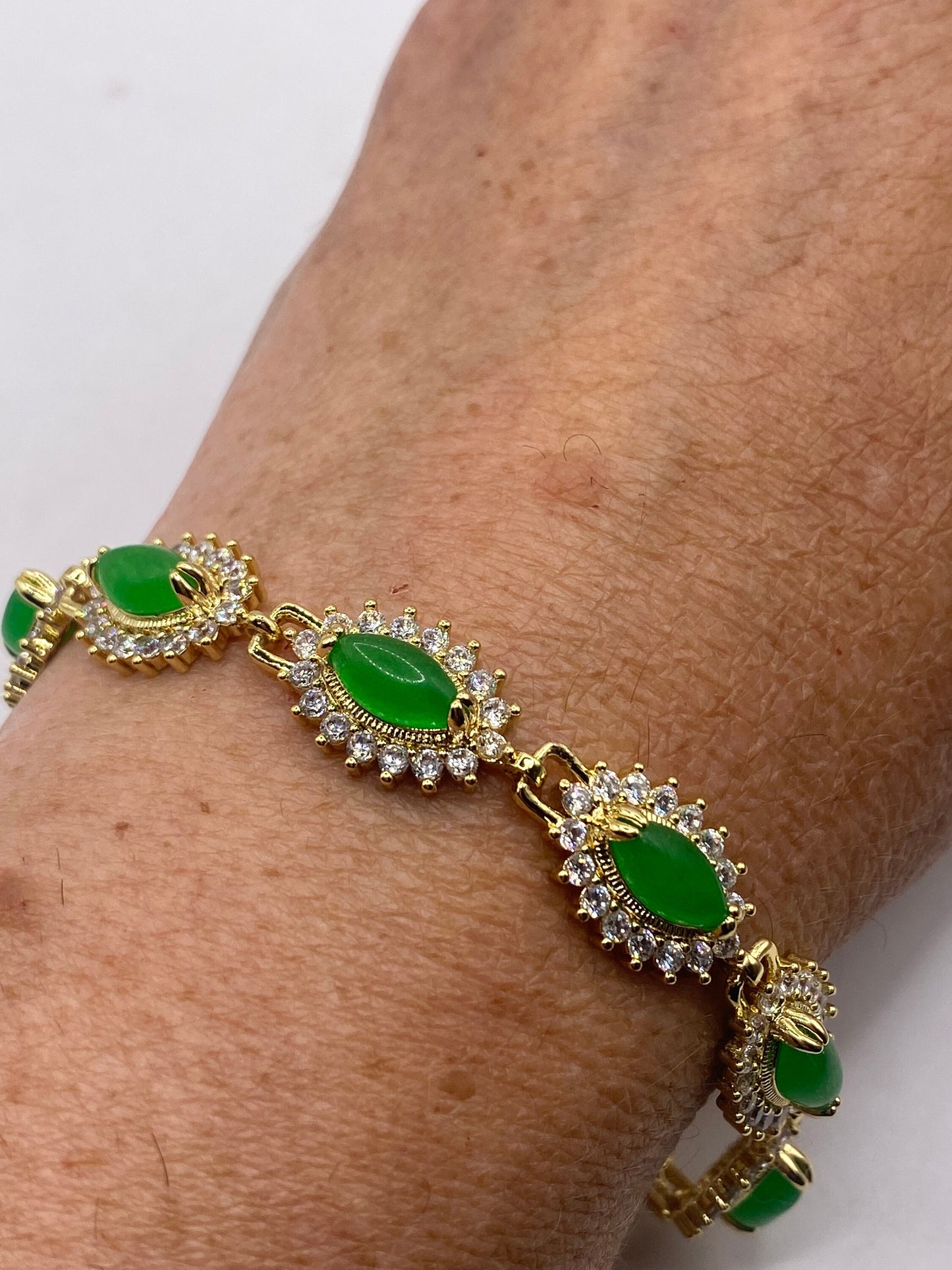 Vintage Green Jade Bracelet Gold Bronze