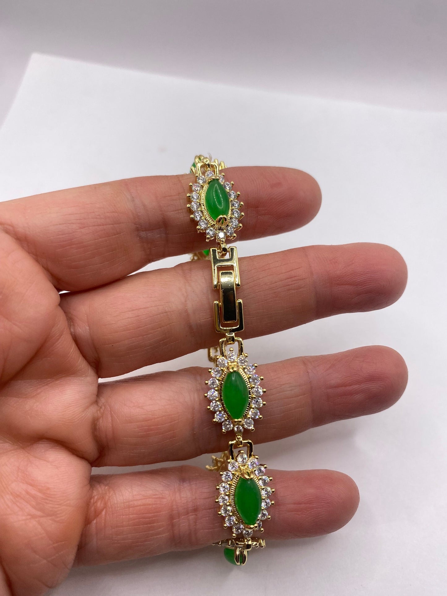 Vintage Green Jade Bracelet Gold Bronze