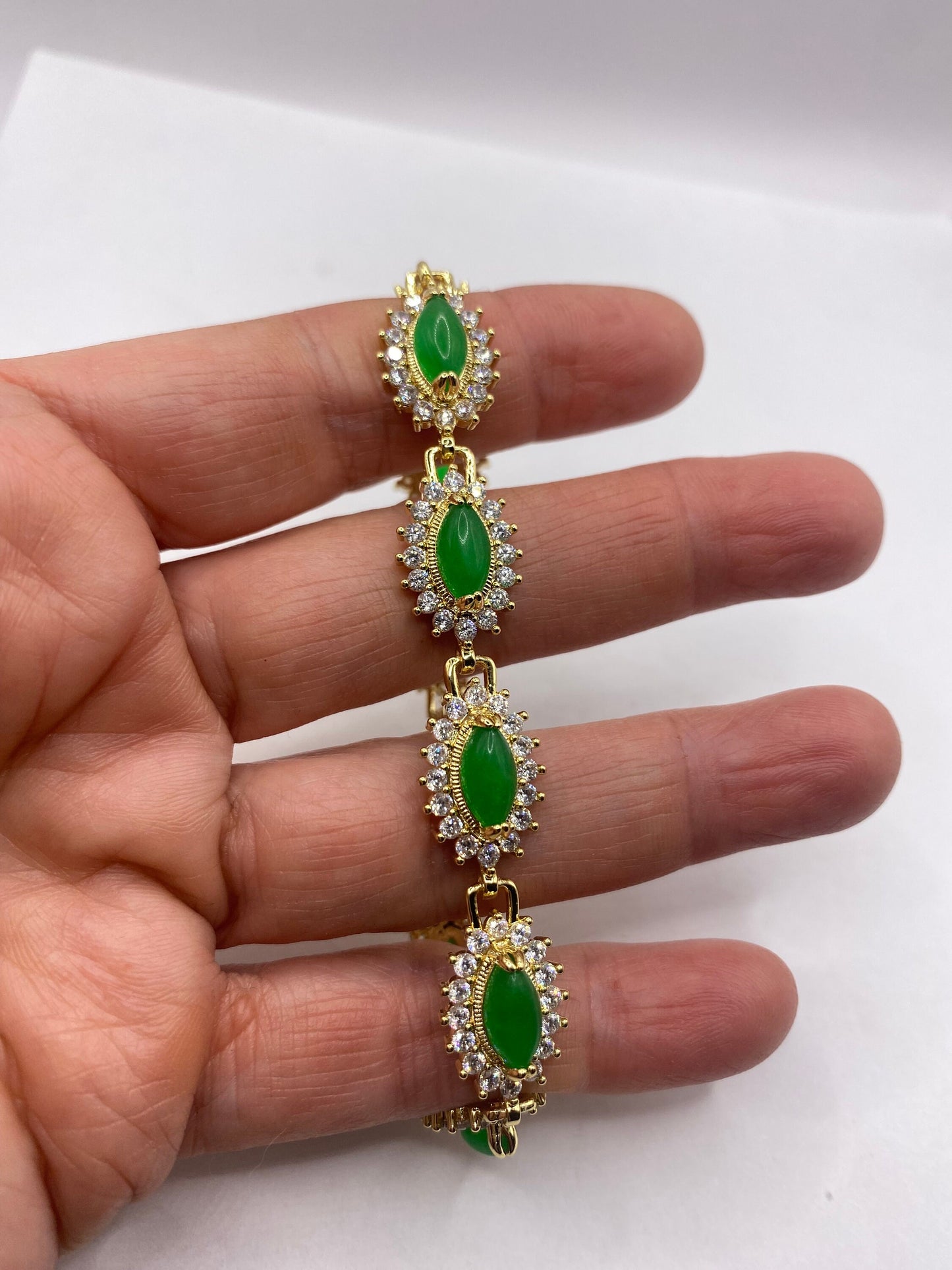 Vintage Green Jade Bracelet Gold Bronze